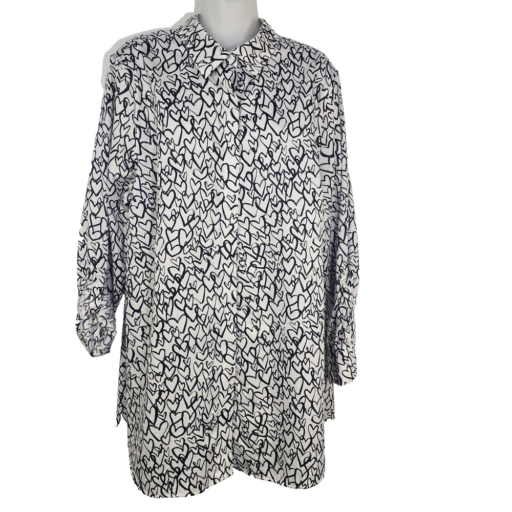 Chico's Tunic Top Womens Size 2 Large Love Heart Button Down Wrinkle Resistant